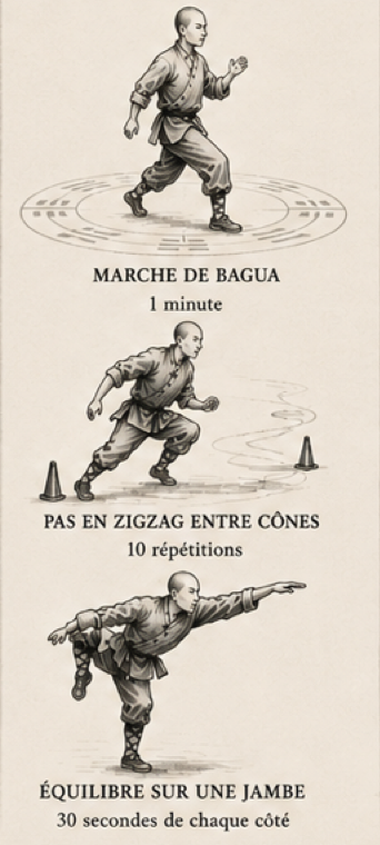 Exercices illustrés d’agilité : marche de Bagua, pas en zigzag et équilibre sur une jambe