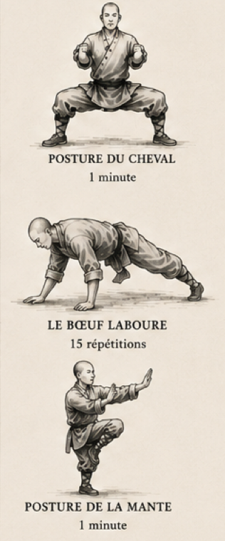 Exercices illustrés de renforcement : position du cheval, pas du léopard et posture sur une jambe