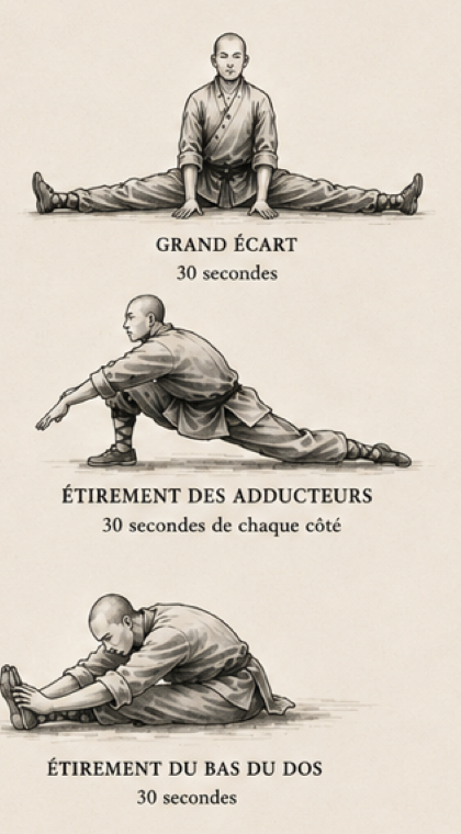 Exercices illustrés de souplesse : grand écart, étirement des adducteurs et étirement du bas du dos
