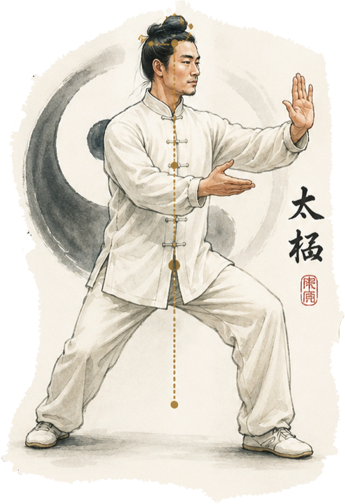 Pratiquant de Tai Chi en posture, représenté de la tête aux pieds